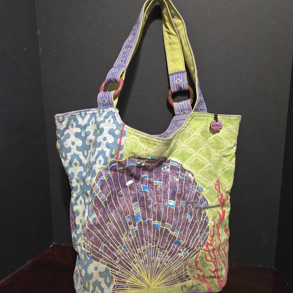 Sun'N'Sand Shoulder Tote Bag Multi Color Fantasea Shell Canvas Travel Overnight